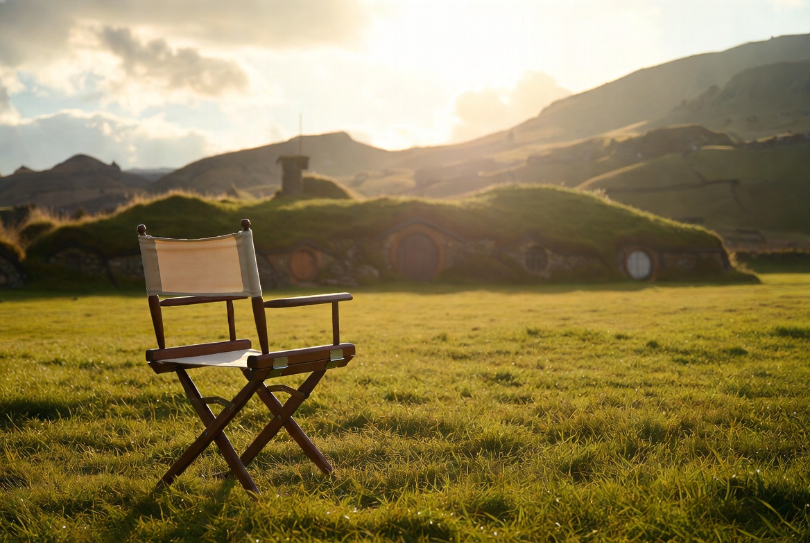 An empty wooden director's chair on grass with the village behind