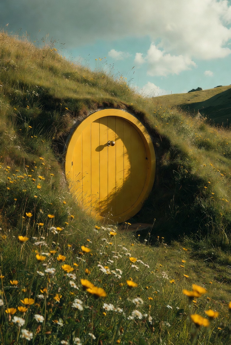 Yellow round door with brass knob set into a grassy hillside